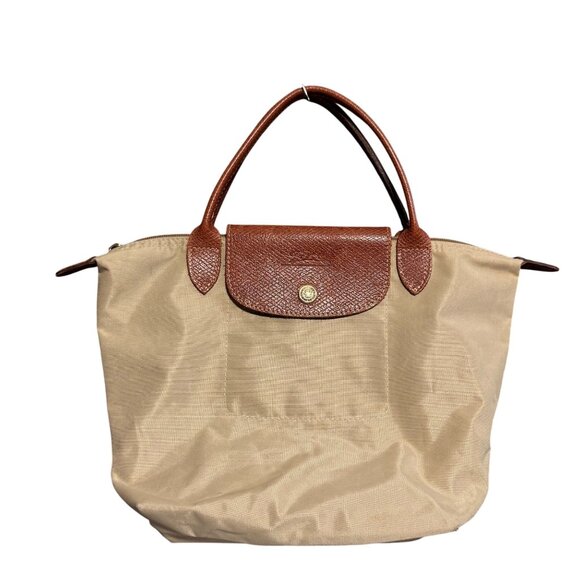 Longchamp Le Pliage Leather Handbag Women's Beige Brown Classic Everyday Chic - Picture 1 of 13